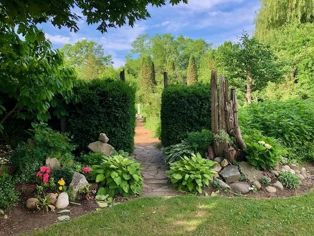 A garden pathway with stone steps surrounded by lush green plants, bushes, and trees, with a wooden fence and greenery in the background under a partly cloudy sky.