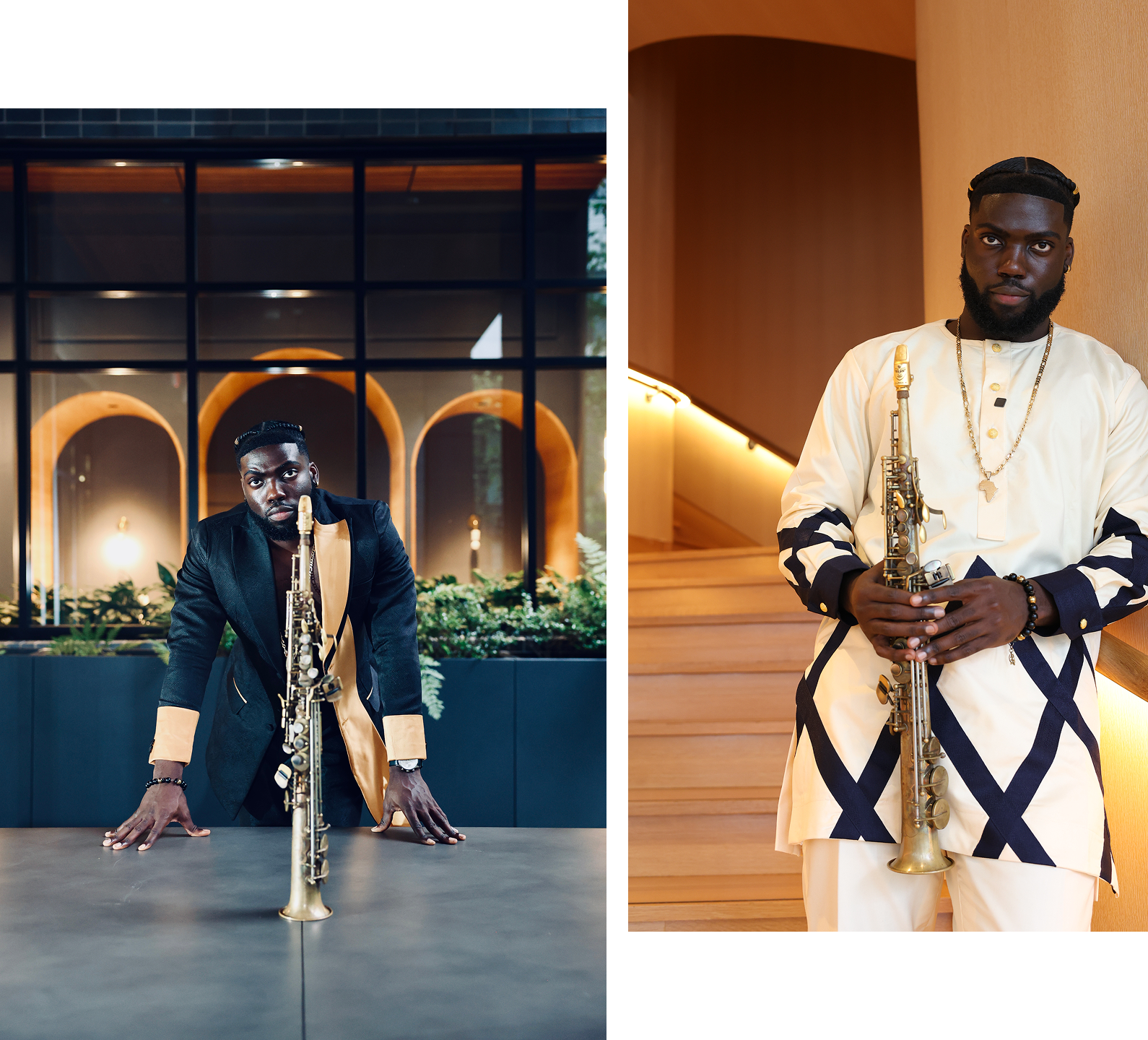 A man with a beard and styled hair holding a saxophone, standing inside a modern hallway with warm lighting, wood accents, and beige walls.