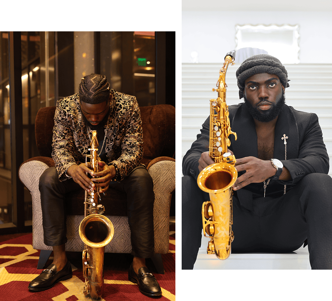 Two photos of a man with a beard and dark skin holding a gold-colored saxophone. In the left photo, he is sitting in a modern, dimly lit hotel lobby, looking down at the saxophone. In the right photo, he is sitting against a white background, looking directly at the camera, with a serious expression.