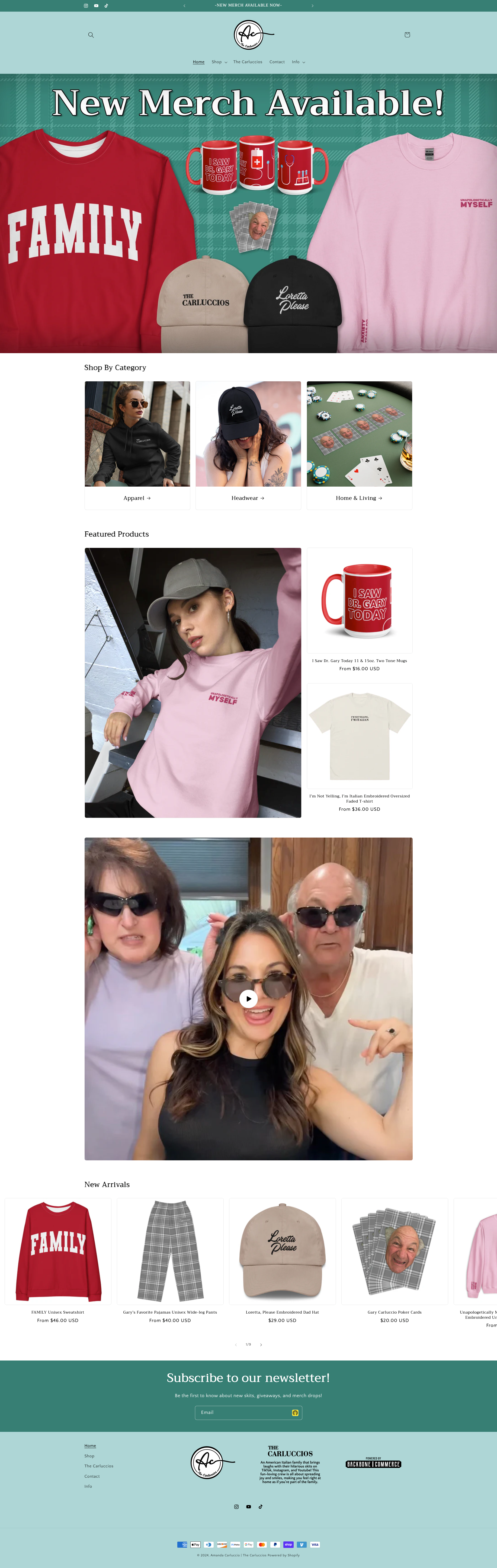 Screenshot of a website homepage showcasing new merchandise including clothing, mugs, and caps, with sections for categories, featured products, and new arrivals.