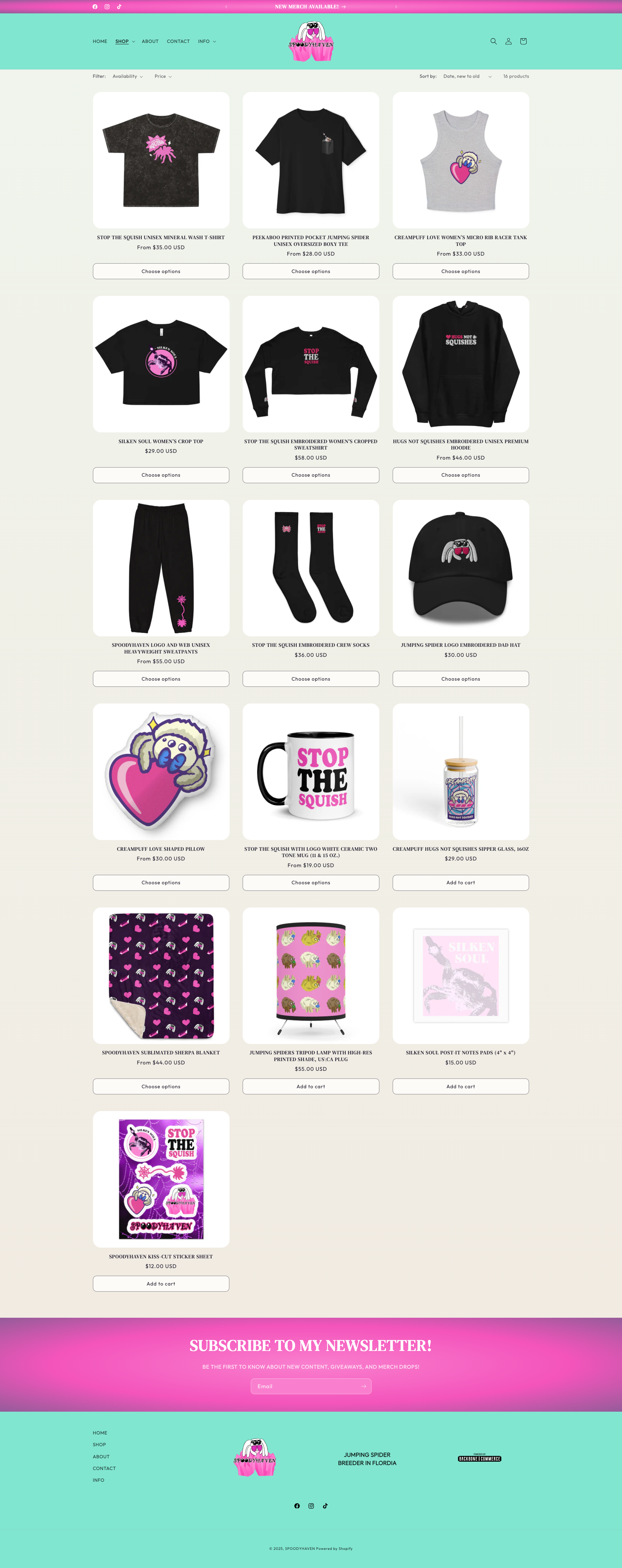 Screenshot of an online store with pastel pink and mint green theme, featuring clothing items and accessories with 'Stop the Squis' and 'Creampuff Love' designs, including T-shirts, hoodies, socks, a hat, pillow, mug, blanket, and sticker sheet.