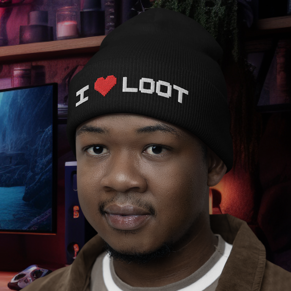 A young man wearing a black beanie hat with the text 'I love loot' embroidered in white and red, inside a room with a computer monitor and bookshelves in the background.