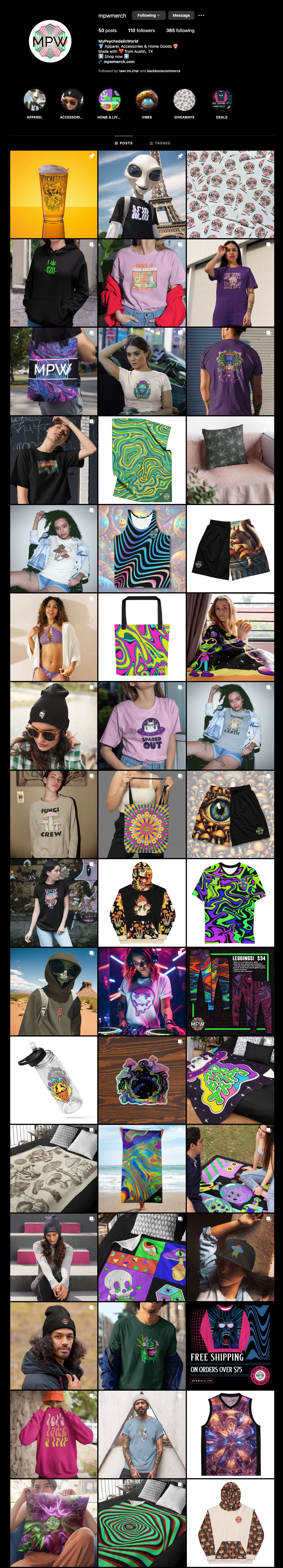 Collage of colorful and diverse clothing and accessories featuring psychedelic, alien, and nature-themed designs.