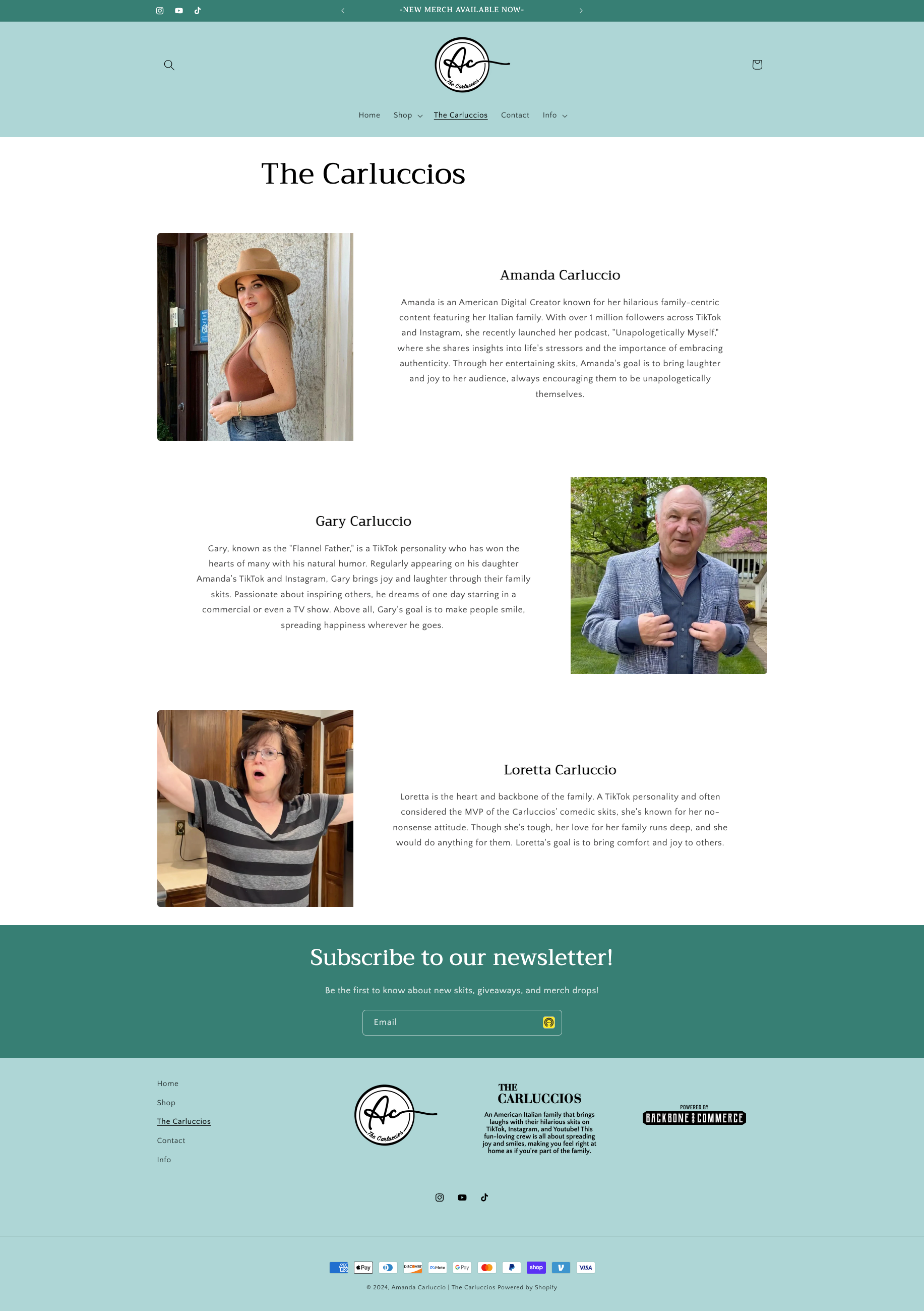 Screenshot of a website featuring profiles of three family members, including a woman in a tan hat and brown tank top, a man in a blue blazer, and a woman in a striped shirt. The page introduces the family members and includes a newsletter subscripti