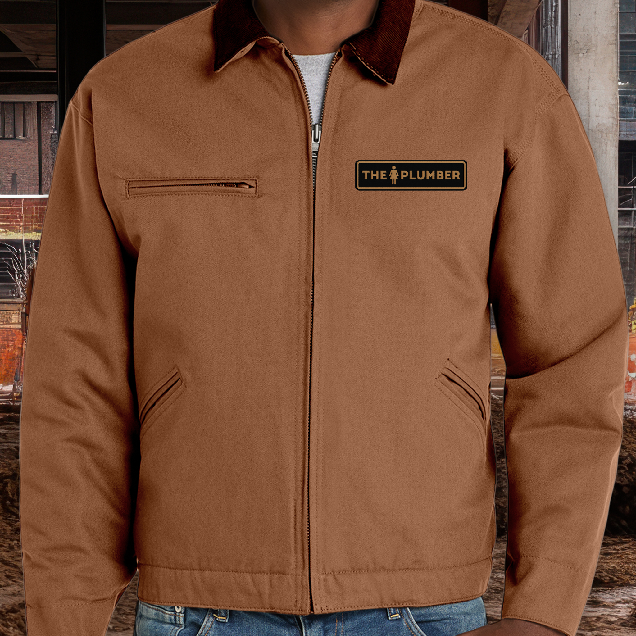 A person wearing a brown work jacket with a badge that reads 'THE PLUMBER' and an icon of a woman.