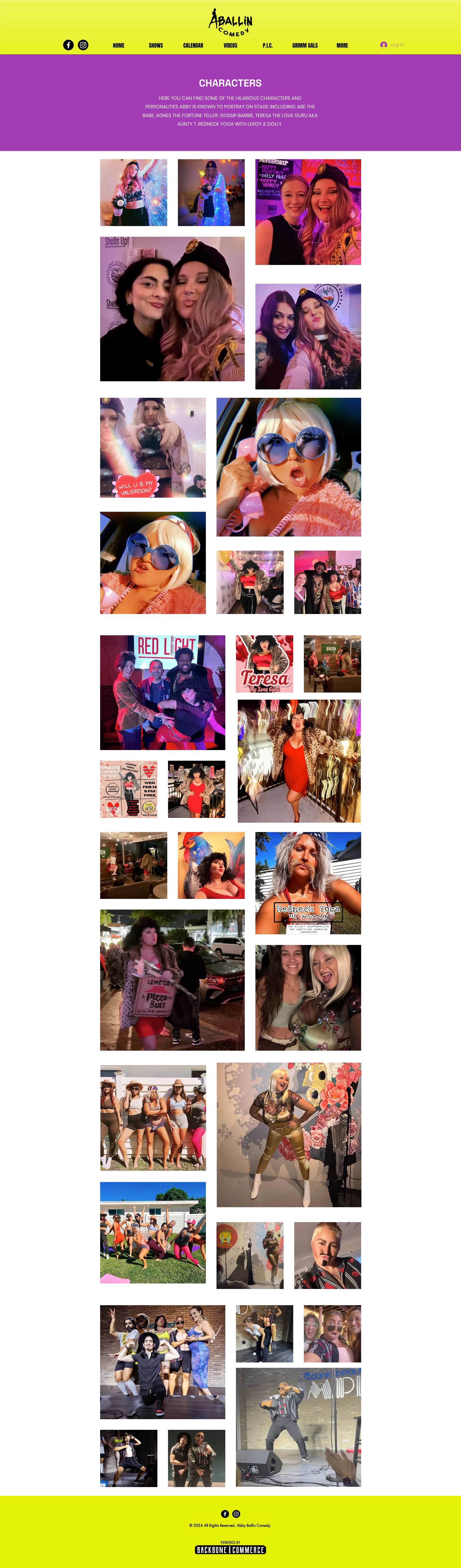 Website showcasing various comedic characters and performances with people in costumes, engaging in different comedic acts and interactions. Includes a colorful, playful design with images of events and characters. Aballin Comedy logo visible at the