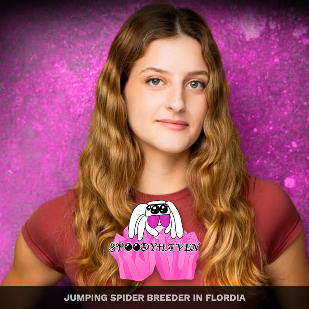 A young woman with wavy blonde hair and blue eyes stands in front of a pink and purple glittery background. She is wearing a maroon shirt. There is a logo on her chest that features a cartoon spider with big eyes, holding pink cupcake wrappers that s