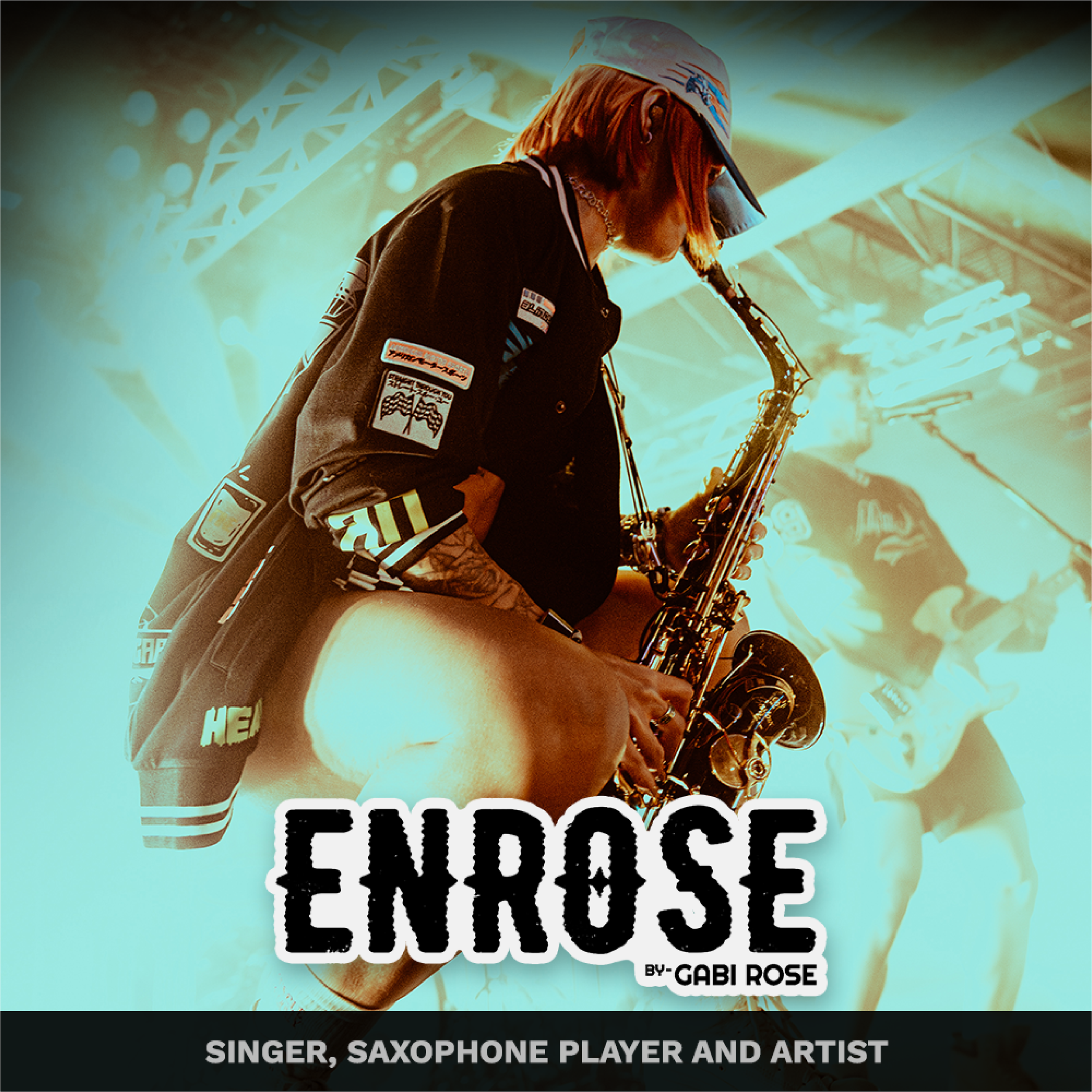 Close-up of Gabi Rose, a singer, saxophone player, and artist, with text "Gabi Rose" and "Singer, Saxophone Player and Artist" overlaying the image, with a background featuring a music stage or studio.