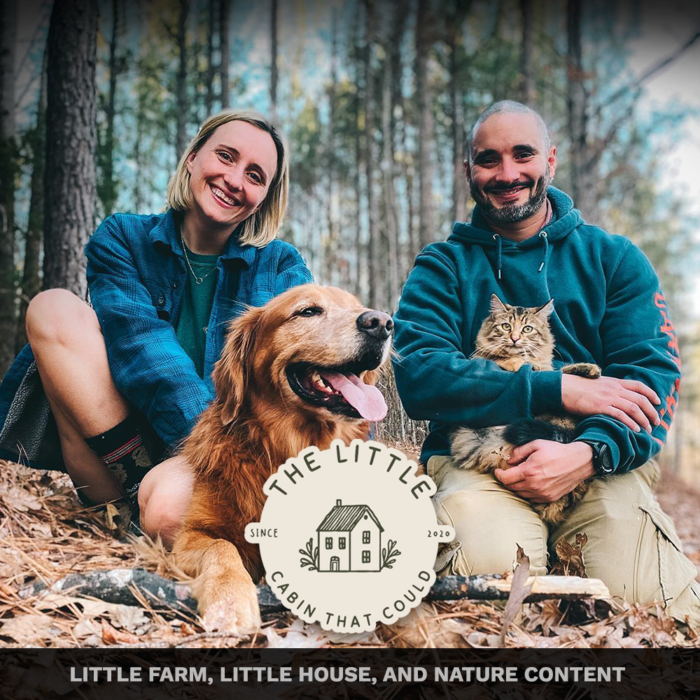 A smiling woman with blond hair, a smiling man with a beard holding a cat, a happy golden retriever dog with its tongue out, outdoors in a wooded area, with a logo for 'The Little Cabin That Could' featuring a house illustration and text, surrounded 