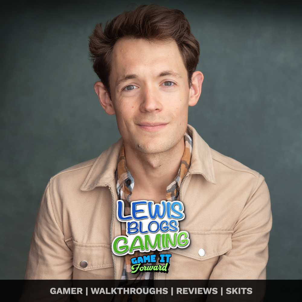 A young man with short brown hair, light skin, and blue eyes wearing a beige jacket and a patterned shirt, looking at the camera with a slight smile. There is text over his chest that says "LEWIS BLOGS GAMING GAME IT Forward" in colorful letters. The