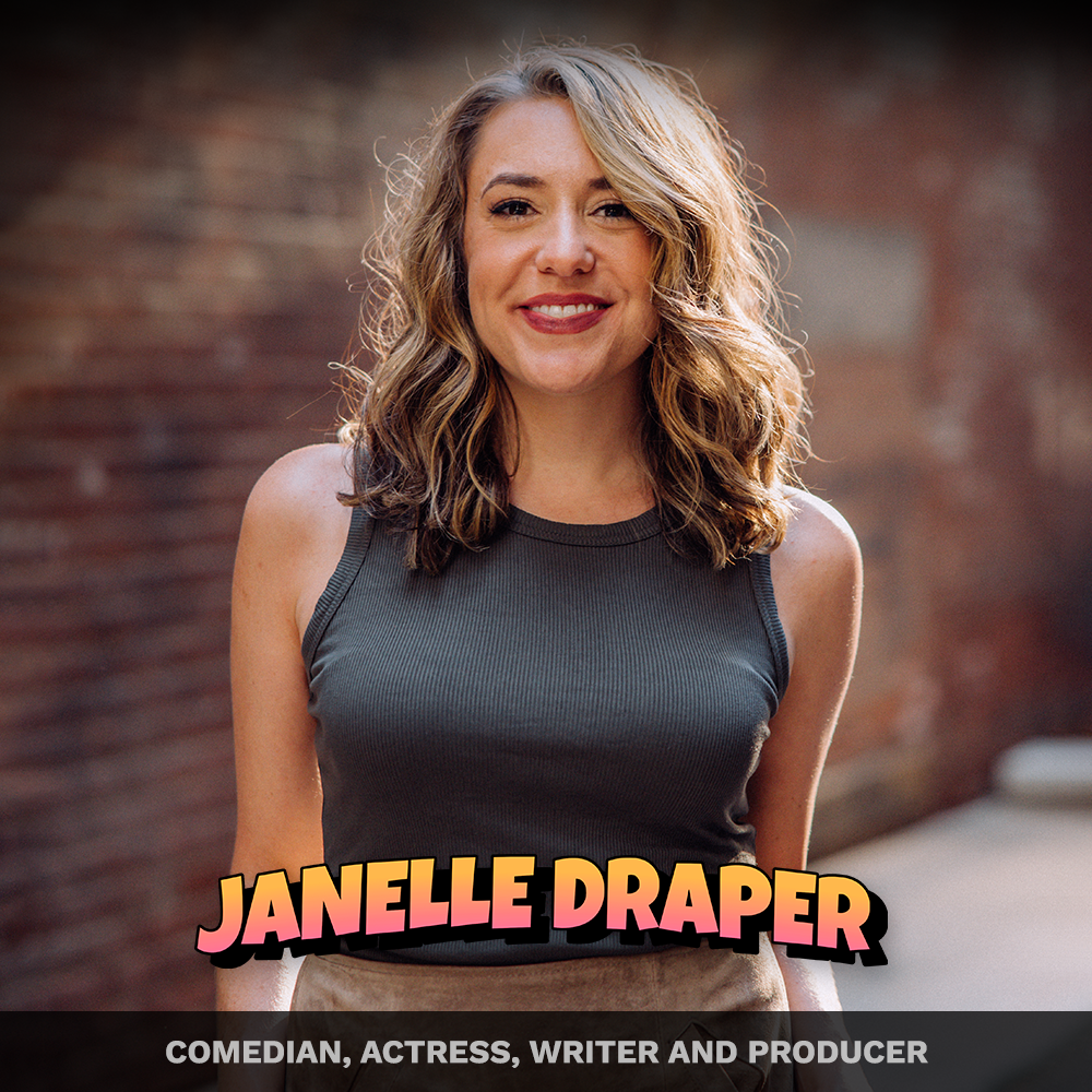 A woman with wavy, shoulder-length blonde hair smiling in front of a brick wall, wearing a sleeveless dark gray top. The text overlays her lower chest reading 'Janelle Draper' in pink and yellow letters, with a caption below stating she is a comedian