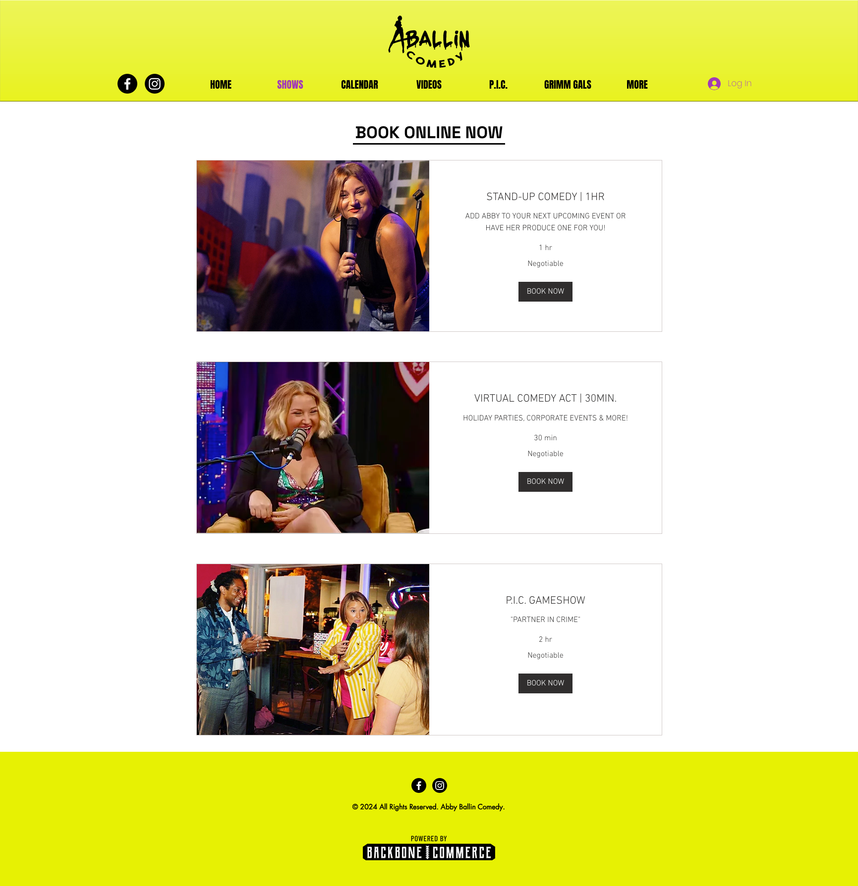 Comedy website booking page with three sections: stand-up comedy, virtual comedy act, and a game show. Each section includes an image, event description, duration, negotiability, and a 'Book Now' button. Bright yellow and white design with navigation
