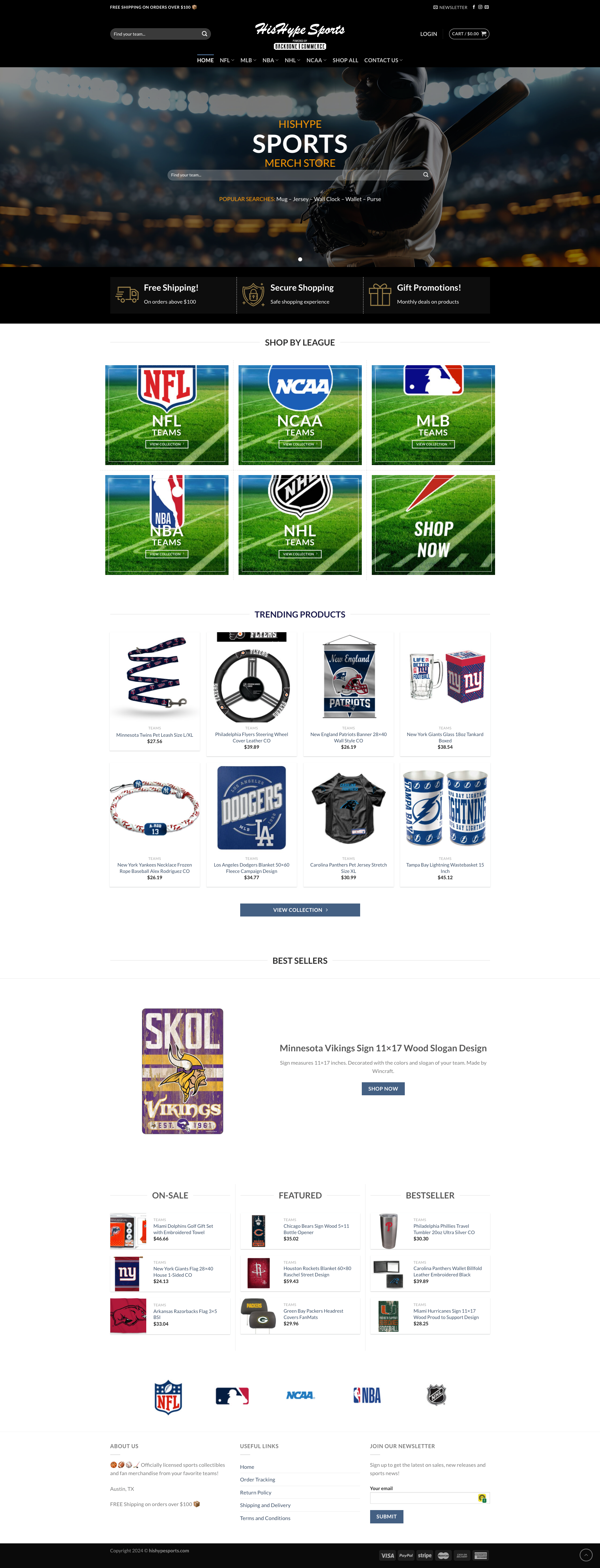 E-commerce website homepage for HisHype Sports, featuring sports merchandise. Includes navigation menu with links to categories like NFL, MLB, and NBA. Highlights free shipping, secure shopping, and promotions. Displays sports league logos, trending