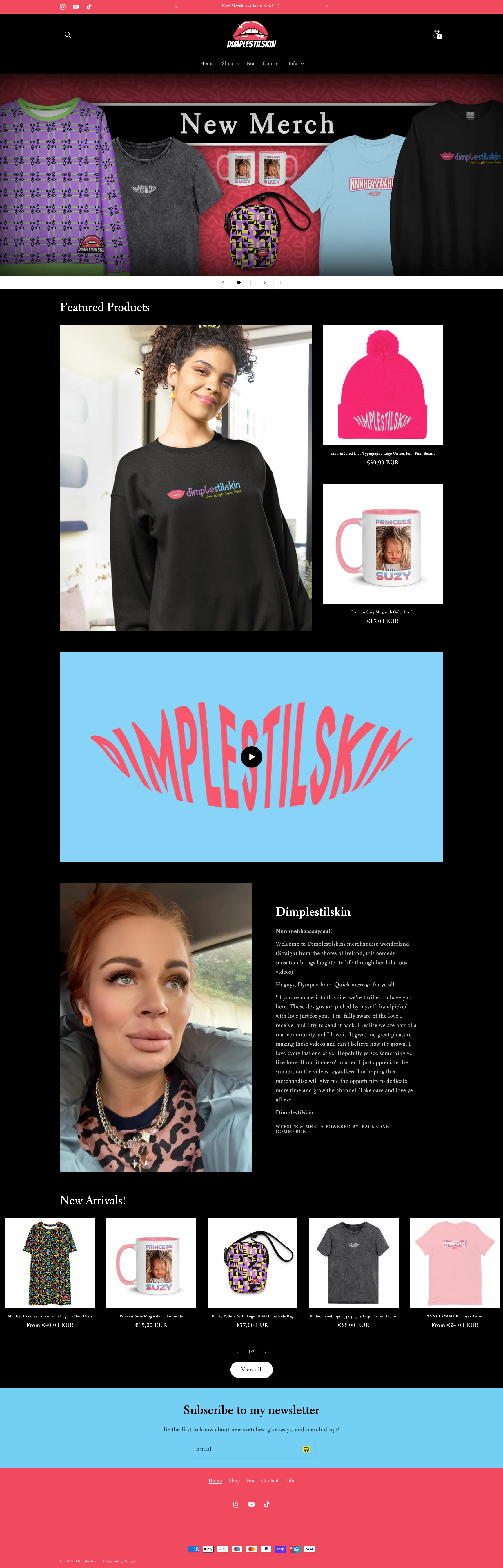 Screenshot of Dimplestiltskin merchandise website featuring various clothing items, mugs, and bags with designs. The page includes 'New Merch' section, featured products like sweatshirts and a mug with text 'Princess Suzy', and a section with a photo