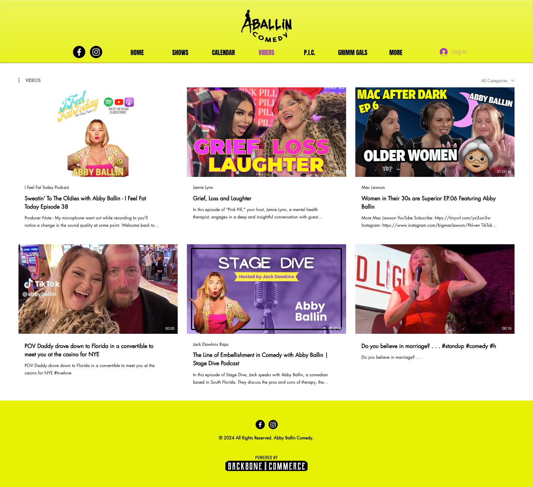 A website showcasing comedy videos and podcasts, featuring bright yellow background, social media icons, and navigation links to sections like Home, Shows, Calendar, and Videos.