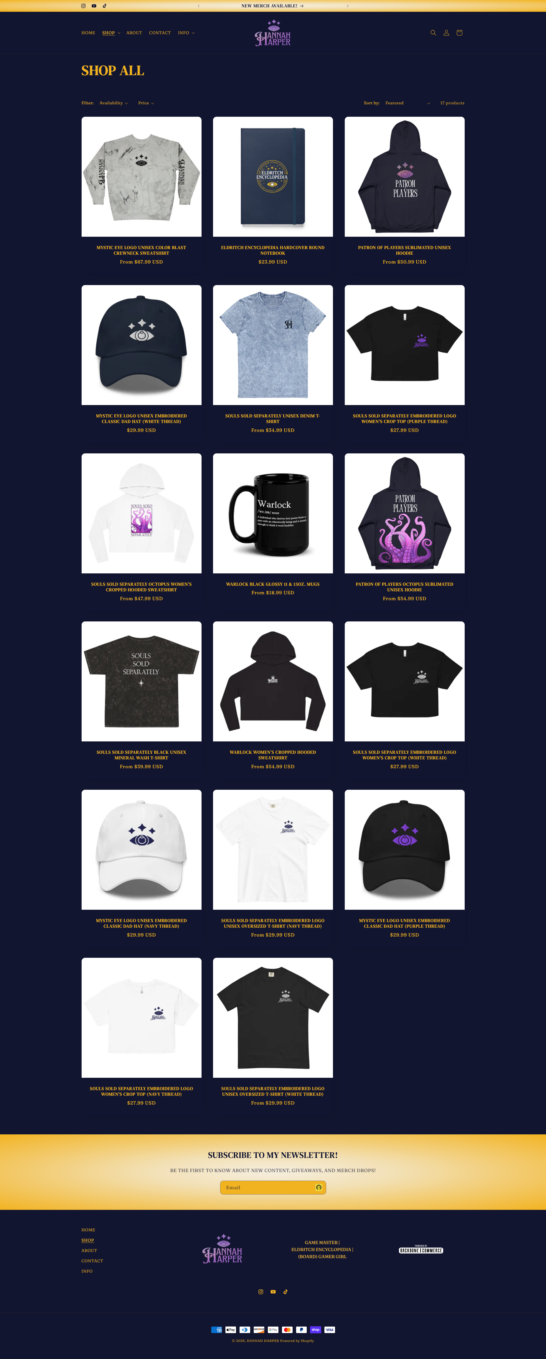 Online store webpage displaying various merchandise with designs and logos related to Hannah Harper, including clothing, notebooks, and mugs.