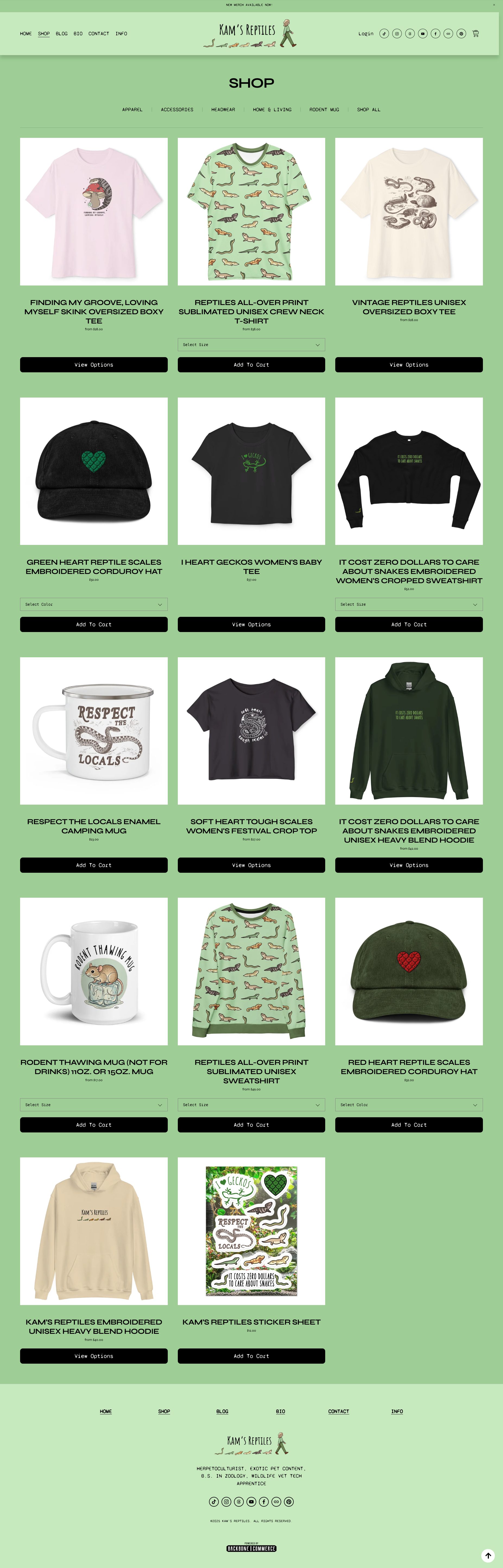 Screenshot of Kam's Reptiles online shop featuring various reptile-themed apparel and accessories, including T-shirts, hats, hoodies, mugs, and stickers, all with reptile or snake designs.