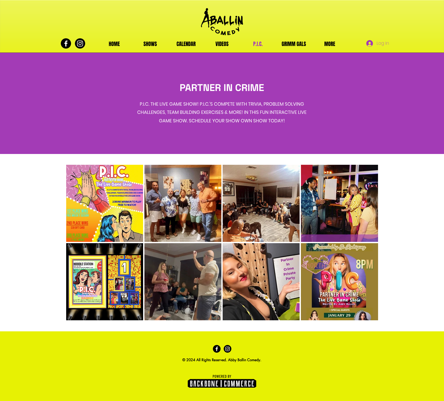 Promotional webpage for "Partner In Crime: The Live Game Show" by Abballin Comedy. Includes photos of people participating in events, game show posters, and a schedule promotion featuring date and time details.