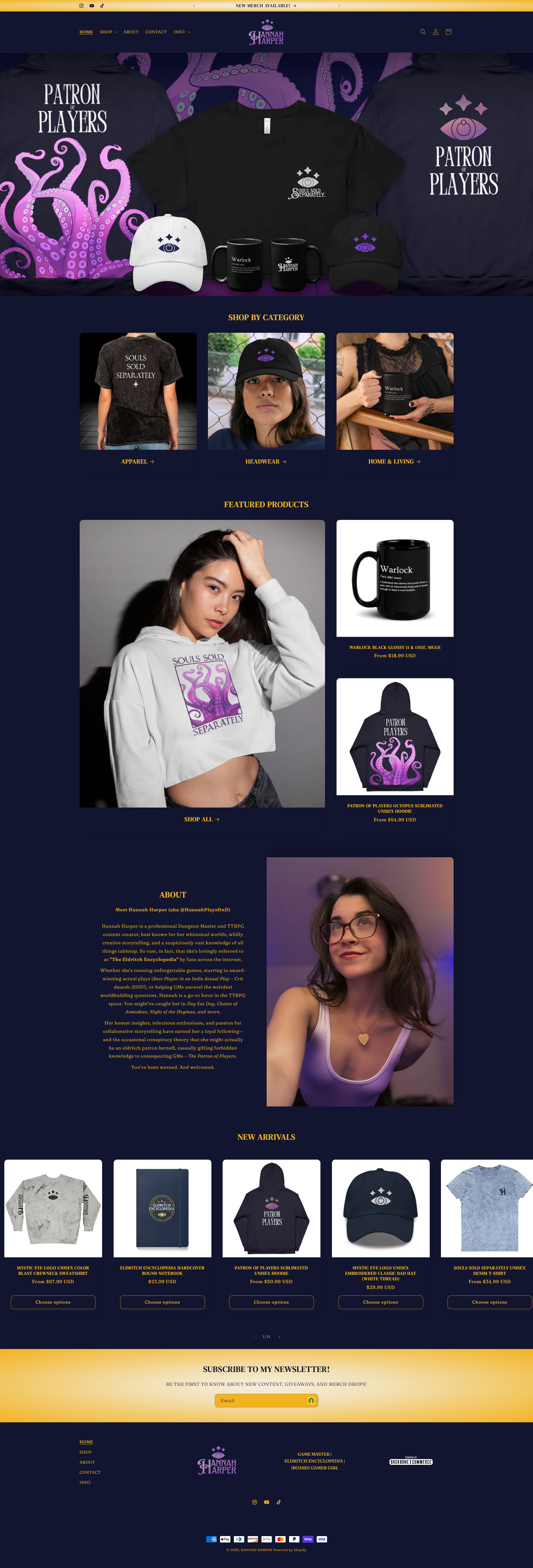 Screenshot of online merchandise store featuring clothing, hats, and mugs with purple octopus logo and messages like "Souls Sold Separately" and "Patron Players."