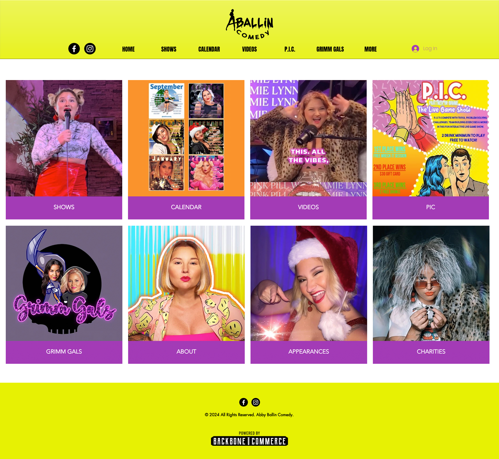 Comedy website homepage with various sections like shows, calendar, videos, and appearances, featuring colorful images and text promoting events and personalities.