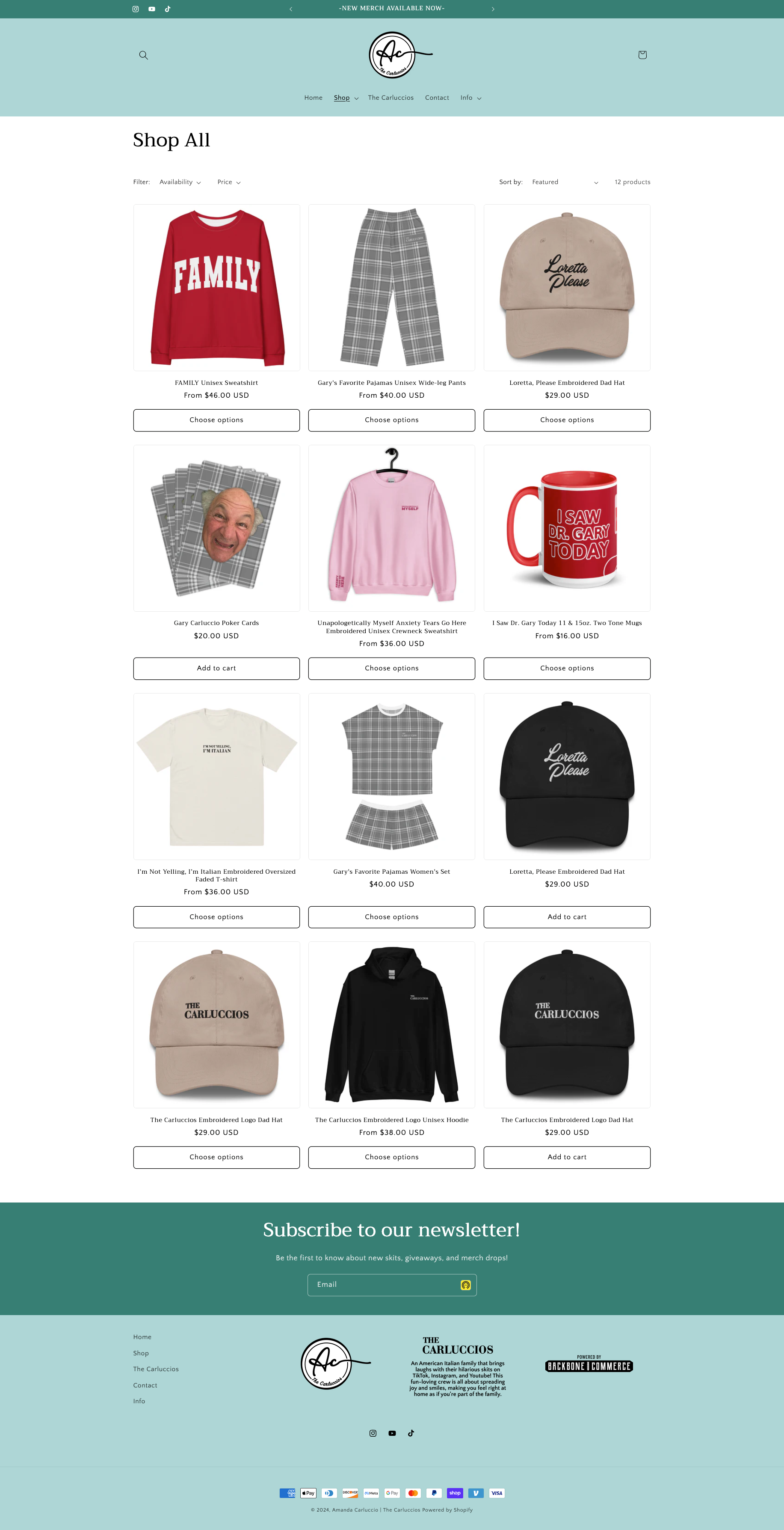 Screenshot of an online store webpage for the brand 'The Carluccios,' featuring various clothing and accessories, including sweatshirts, pajamas, hats, and a mug, with subscribe and social media sections.