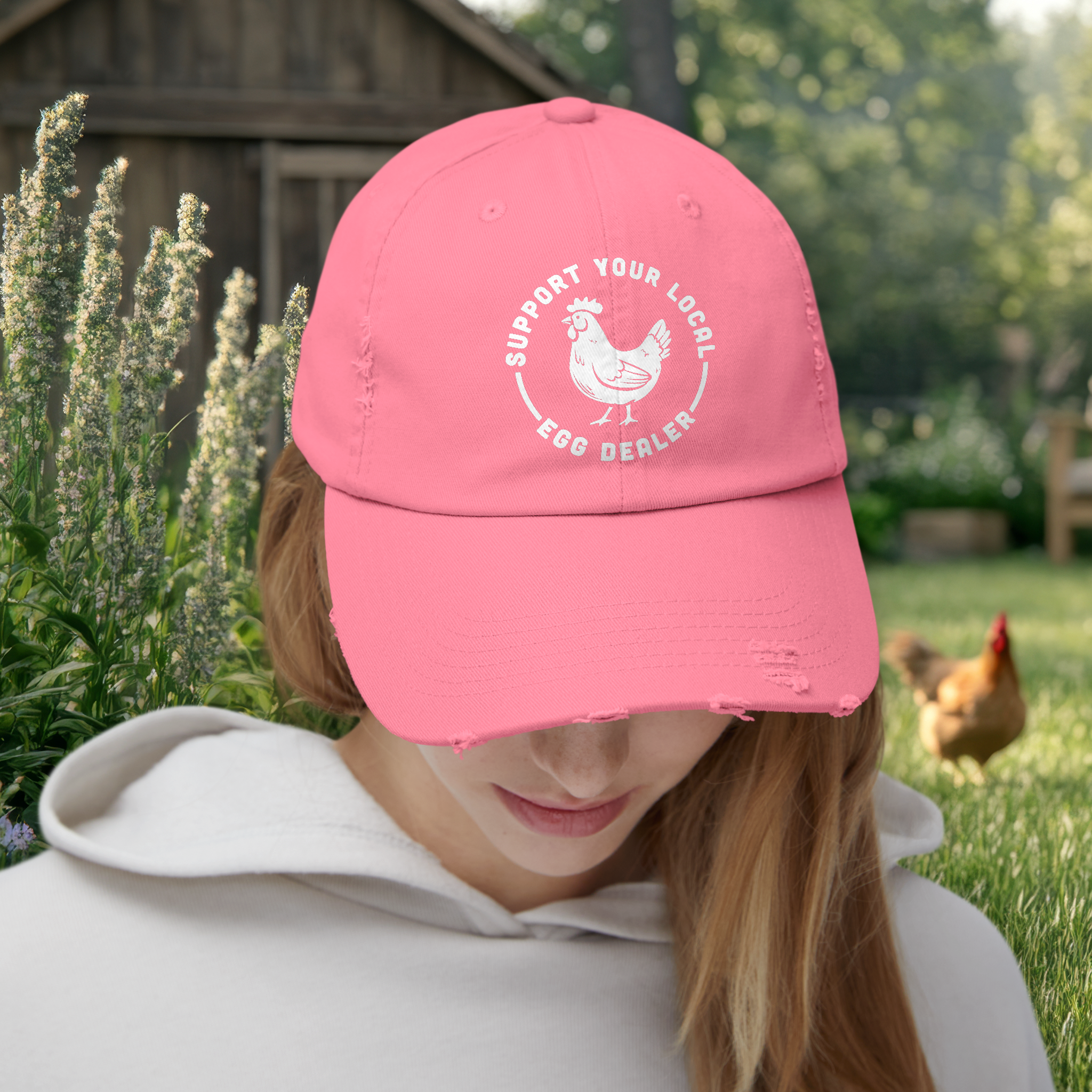 A woman with red hair wearing a pink cap with a chicken logo and the words "Support Your Local Egg Dealer" printed on it, standing outdoors with greenery and a wooden structure in the background.