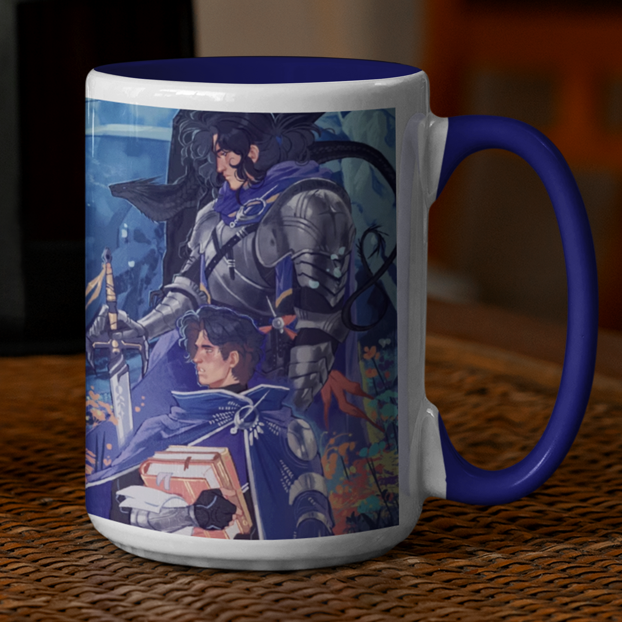 A white ceramic mug with a blue interior and handle, featuring illustrations of sci-fi characters, rests on a wooden surface.