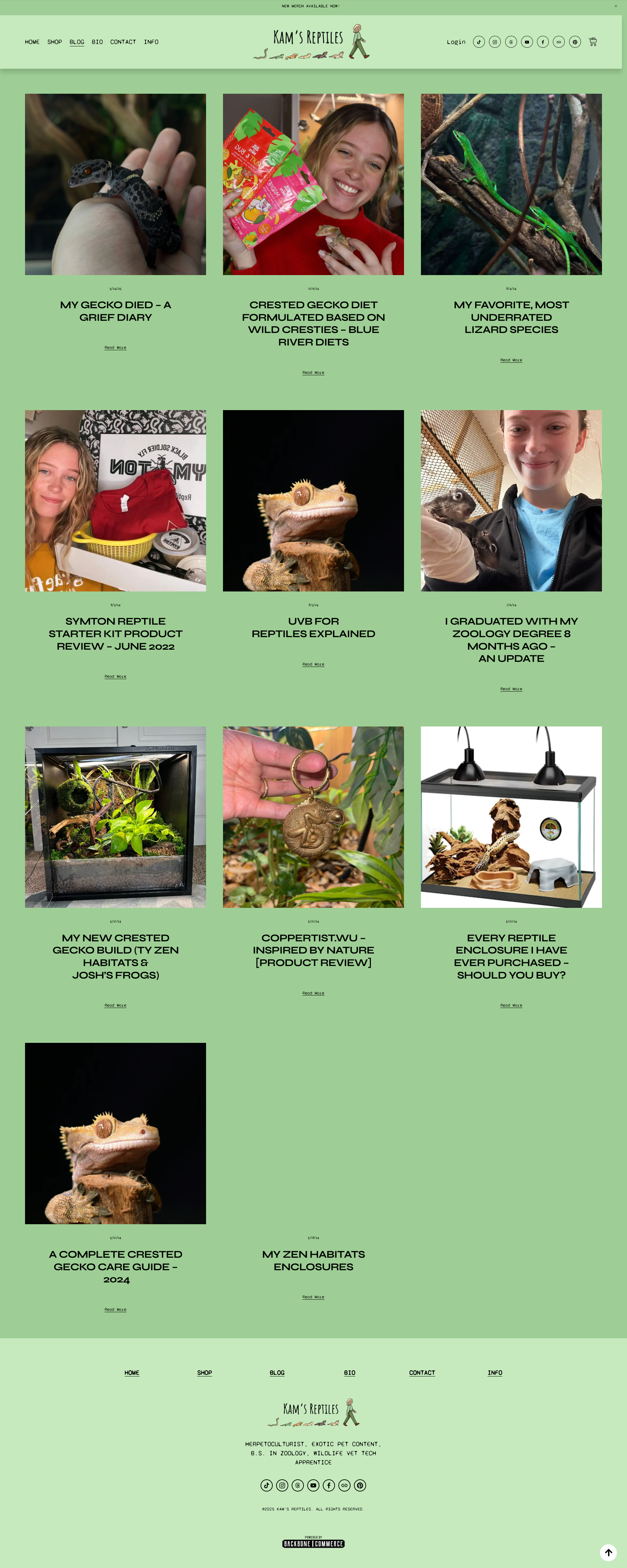 Screenshot of a website homepage for Kam's Reptiles featuring photos of various reptiles, a person holding a gecko, and text describing reptile care and products.