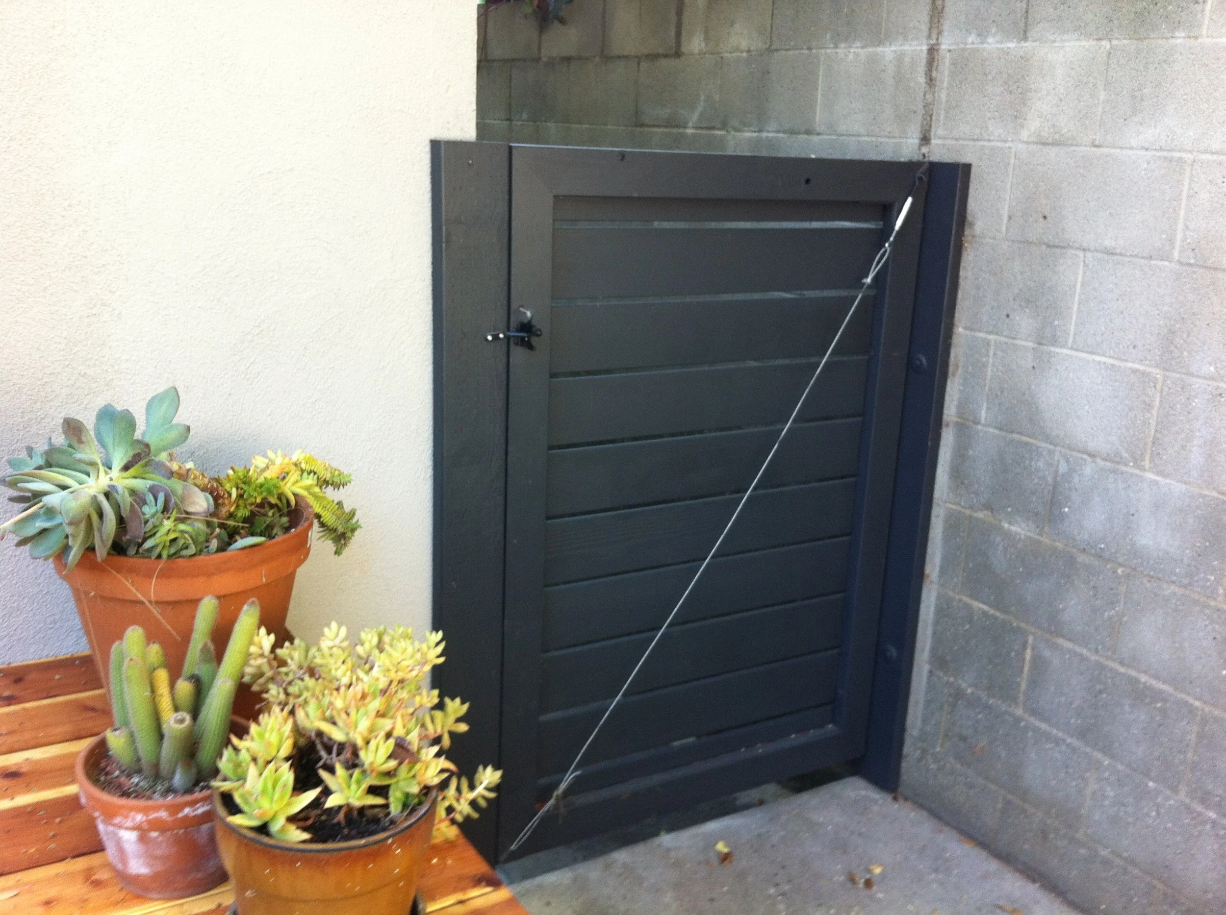 Black wooden pet door installed in a brick wall, with three potted succulents on a wooden surface nearby.