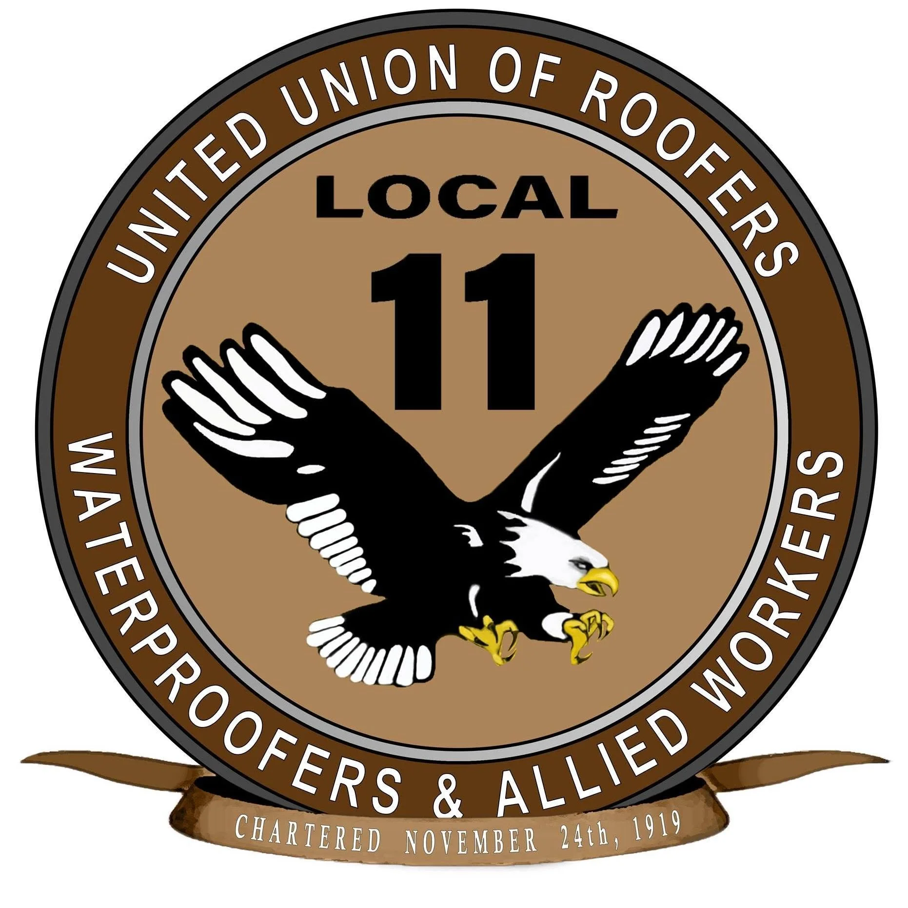 Emblem with a bald eagle with spread wings, white head and yellow beak, sitting on a brown ribbon with the text "Chartered November 24th, 1919". Surrounding the eagle and ribbon is a brown circle with white text that reads "United Federation of Roofer's & Allie". In the center of the emblem, the number "11" is displayed with the word "Local" above.
