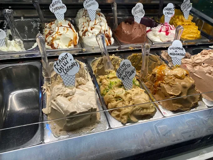 An assortment of gelato in an ice cream shop