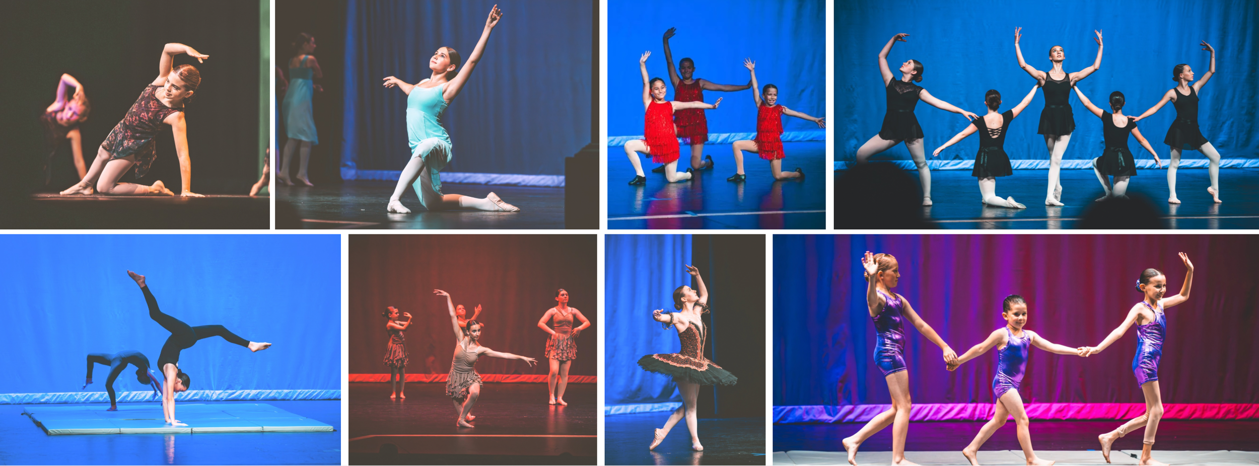 Collage of young girls performing various dance routines on stage, including ballet, contemporary, acrobatics, and tap dance.