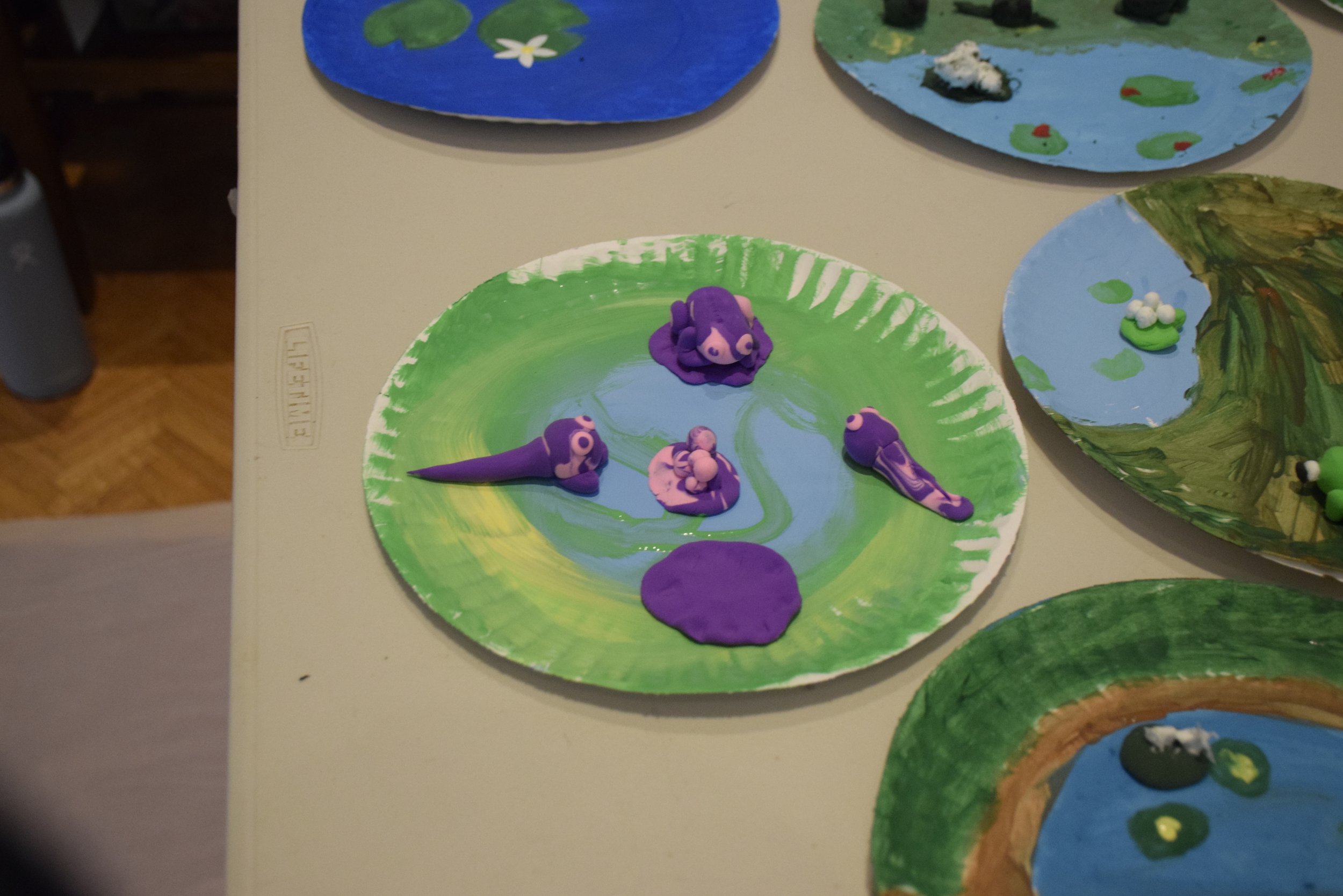 Painted paper plates with water lily pond scenes, some with clay frogs and lily pads.
