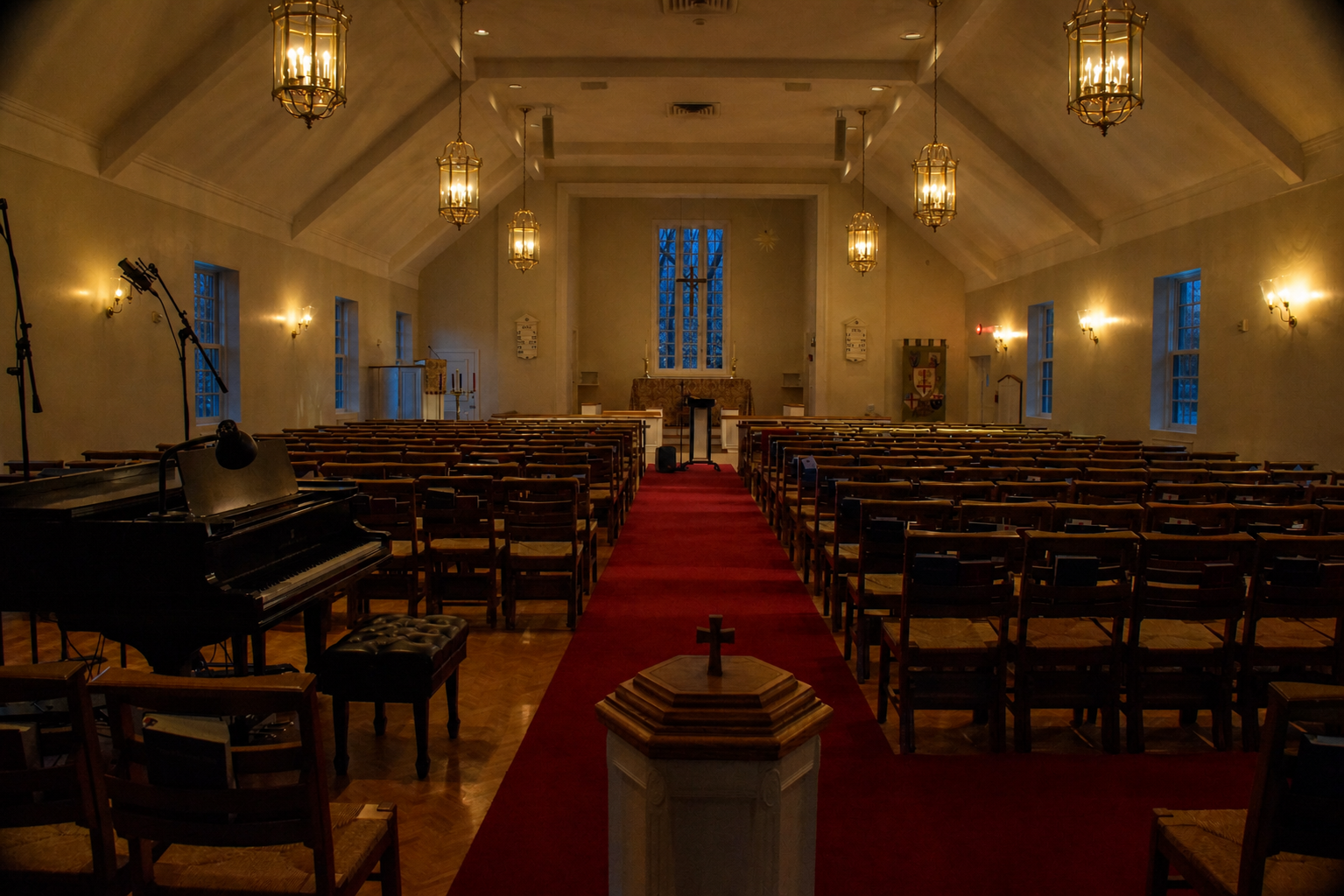 A church sanctuary in the evening.