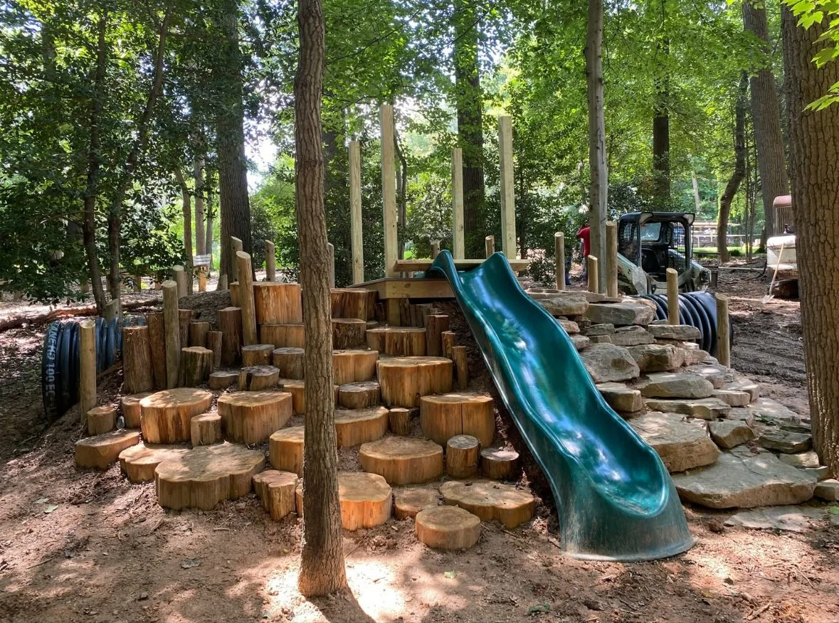 A wooded playground with a slide, wooden stepping logs, and rock stairs surrounded by trees in a forest setting.