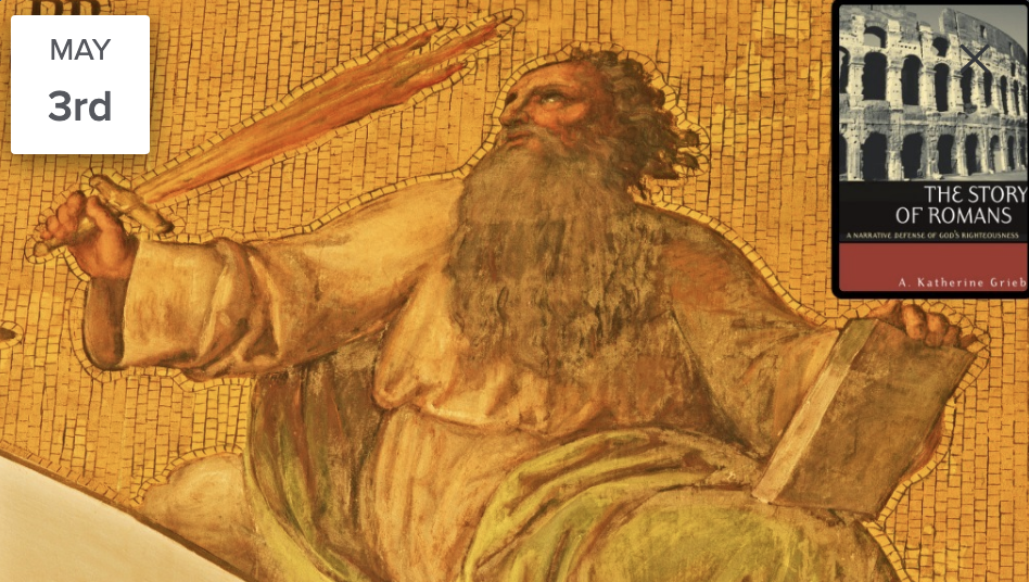 Mosaic of Paul with a cover of a book by Katherine Grieb.