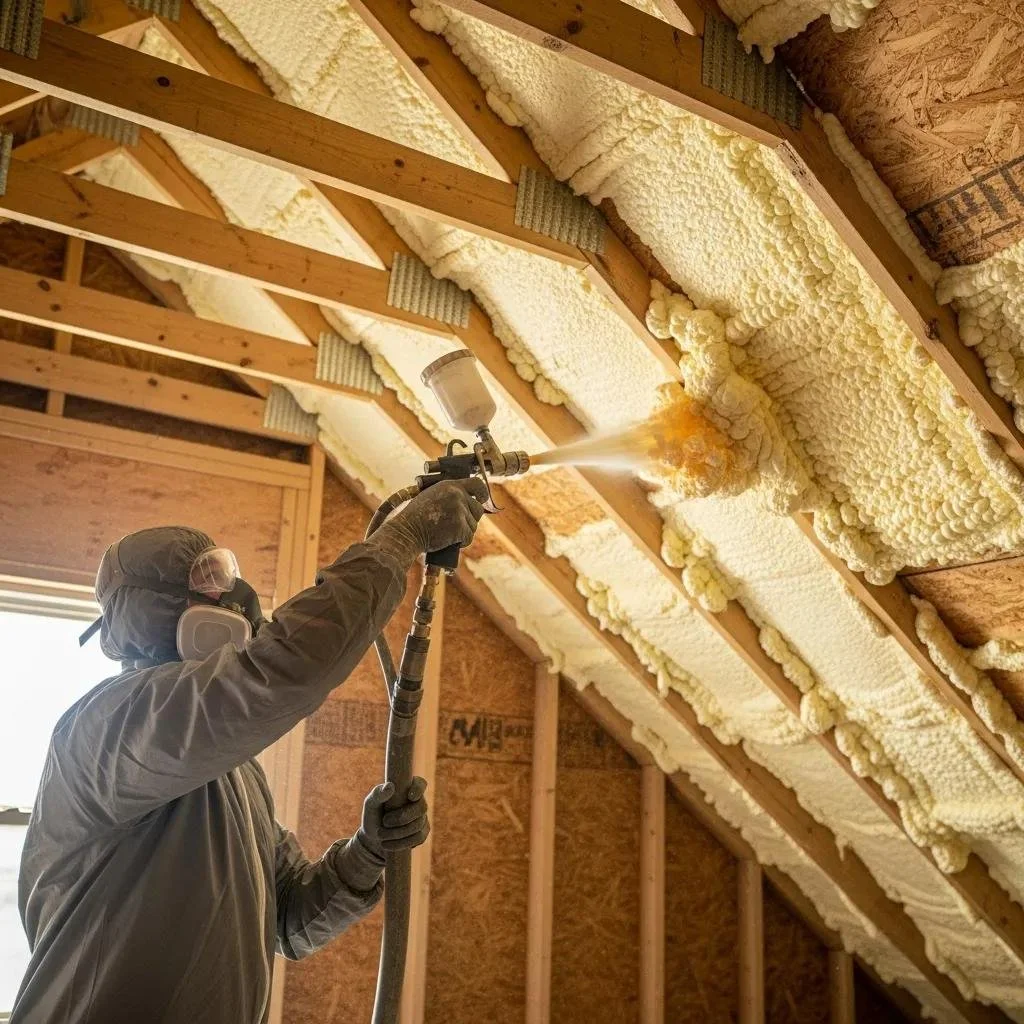 Person spraying insulation in an attic