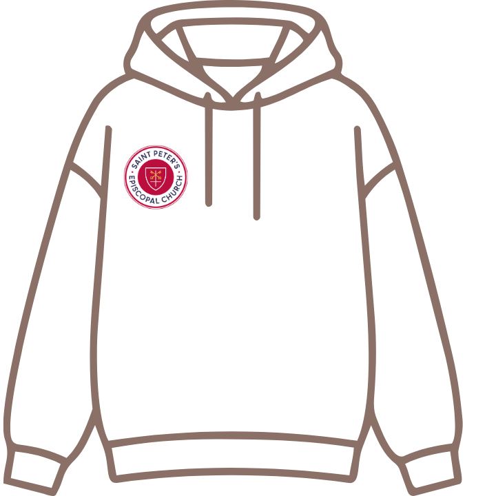 Black hoodie with a circular logo patch on the left chest area, featuring the text 'Saint Peter's Social,' a shield, and a cross.