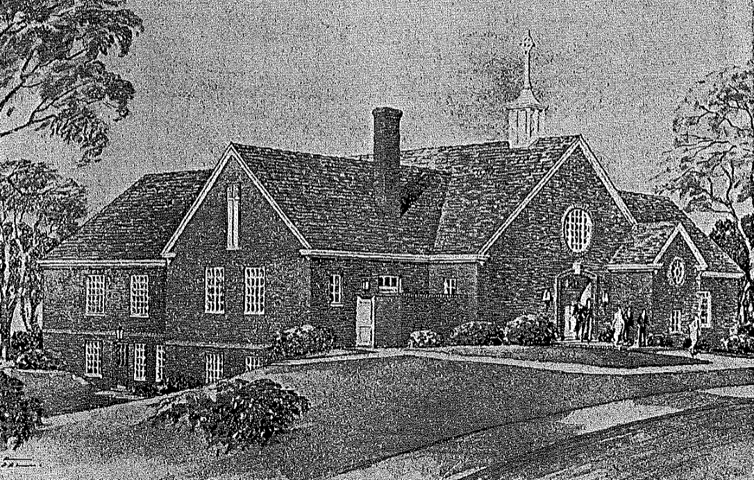 Black and white sketch of a large brick house with multiple windows, steep roof, chimneys, and a small cupola, with trees and people outside.