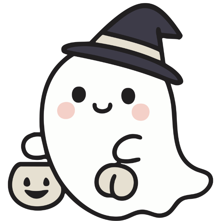 Cute cartoon ghost wearing a witch hat with a pumpkin-shaped purse and a smiling mug.