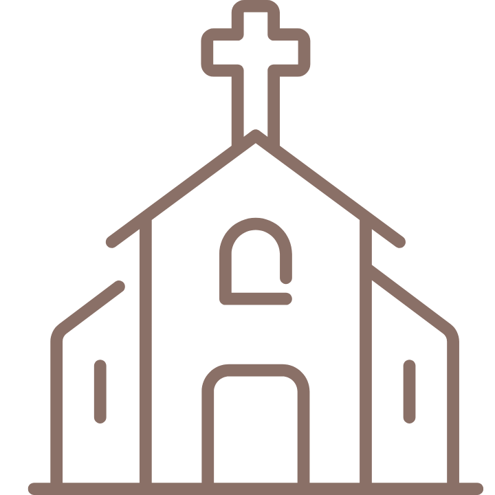 Outline icon of a church with a cross on top, featuring a central arched doorway and a smaller arched window above.