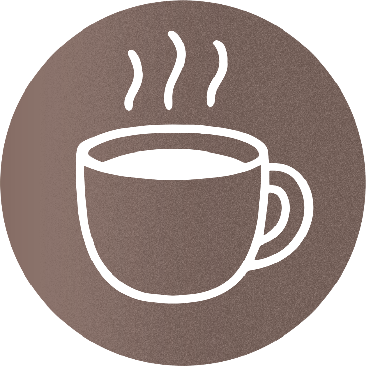 Icon of a steaming hot coffee cup on a brown circular background.