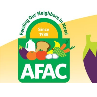 Logo for AFAC with the text 'Feeding Our Neighbors in Need' and 'Since 1988', featuring images of a milk carton, bread, egg, tomato, grapes, carrots, and eggplant.