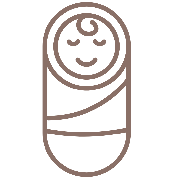 Line art illustration of a smiling baby's face wrapped in a blanket.