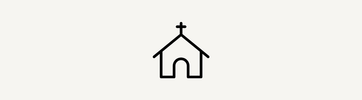 Simple black outline of a church with a cross on top.
