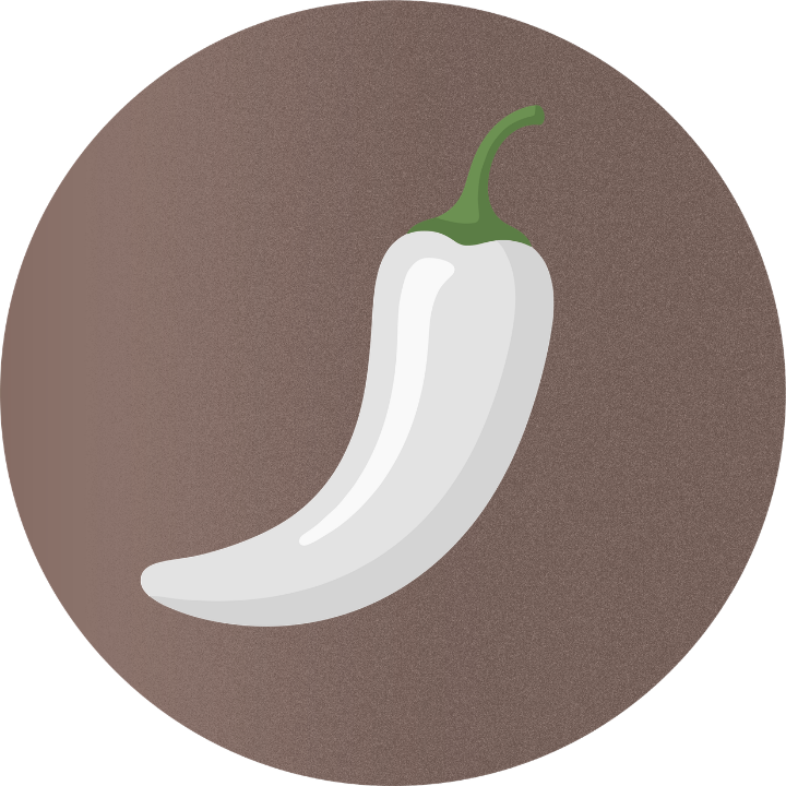 Illustration of a white chili pepper with a green stem on a brown circular background.