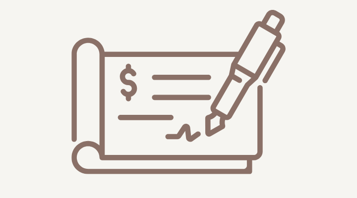Outline drawing of a check with a pen writing on it.