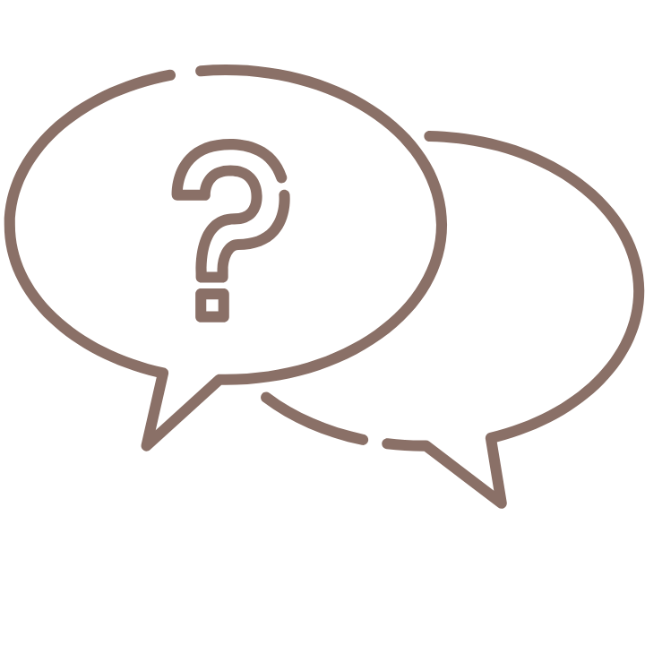 Two speech bubbles, one with a question mark, representing conversation or questions.