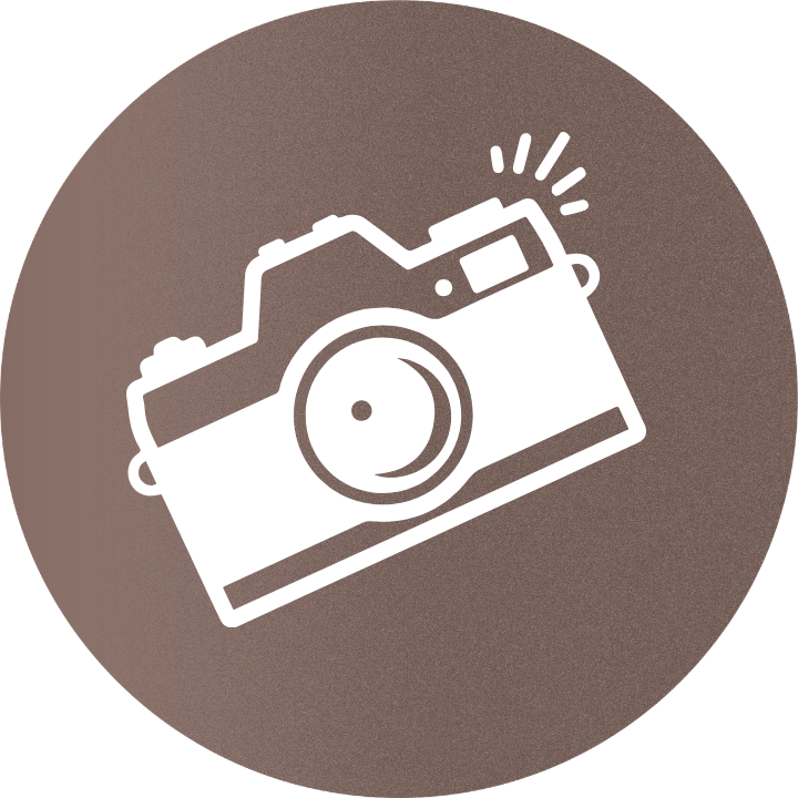 A simplified, white outline icon of a camera with a flash, set against a brown circular background.