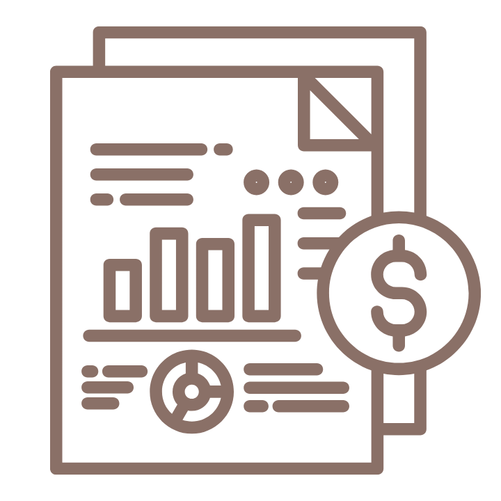 Line graph, pie chart, and dollar sign icon on a report or financial document.